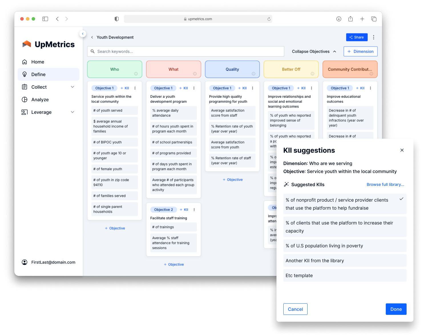 A screenshot of an Impact Framework within the UpMetrics platform